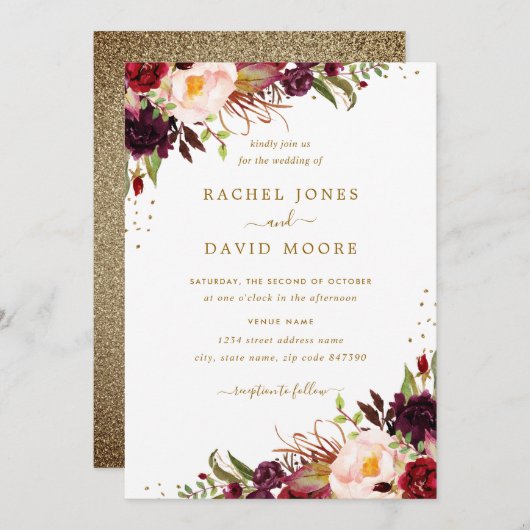 金ゴールドブルゴーニュフローラ水の色の結婚式の招待 招待状 (正面/裏面)