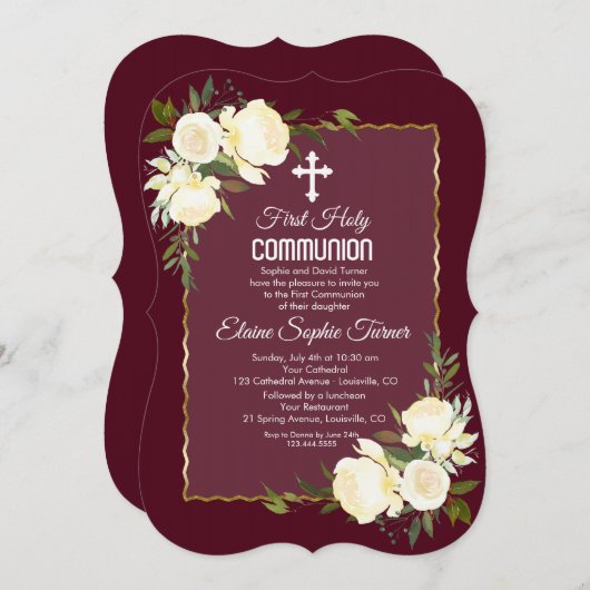金ゴールドブルゴーニュホワイトローゼファースト聖餐式 招待状 (正面/裏面)