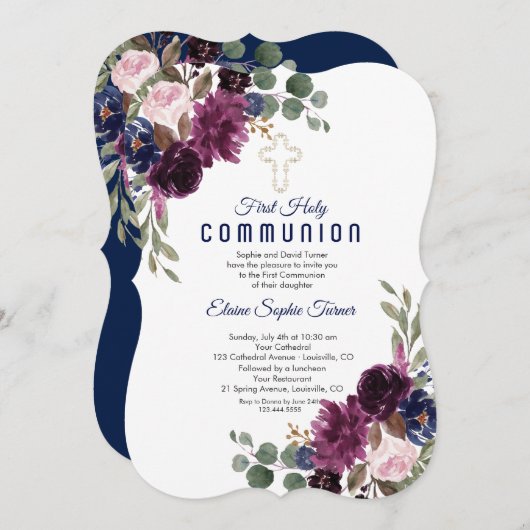 金ゴールドブルゴーニュホワイトローゼファースト聖餐式 招待状 (正面/裏面)