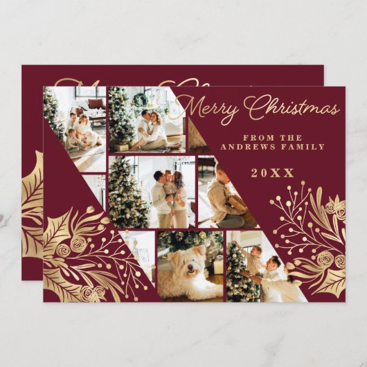 金ゴールドブルゴーニュメリークリスマスフローラ写真コラージュ シーズンカード (正面/裏面)