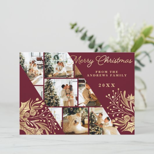 金ゴールドブルゴーニュメリークリスマスフローラ写真コラージュ シーズンカード (スタンド正面)