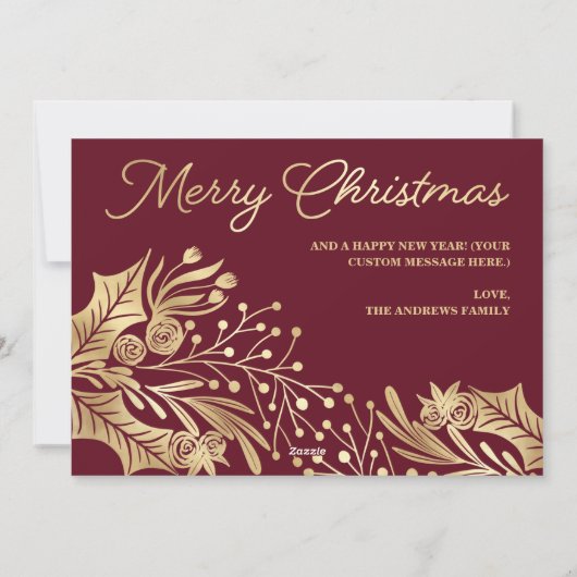 金ゴールドブルゴーニュメリークリスマスフローラ写真コラージュ シーズンカード (裏面)