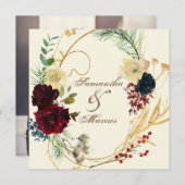 金ゴールドブルゴーニュレッドウォーター色フローラリース結婚ズ サンキューカード (正面/裏面)