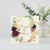 金ゴールドブルゴーニュレッドウォーター色フローラリース結婚ズ サンキューカード (スタンド正面)