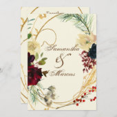 金ゴールドブルゴーニュレッドウォーター色フローラリース結婚ズ 招待状 (正面/裏面)