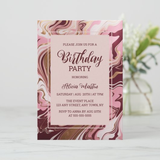 金ゴールドブルゴーニュ大理石フルードピンク誕生日パーティー 招待状 (スタンド正面)