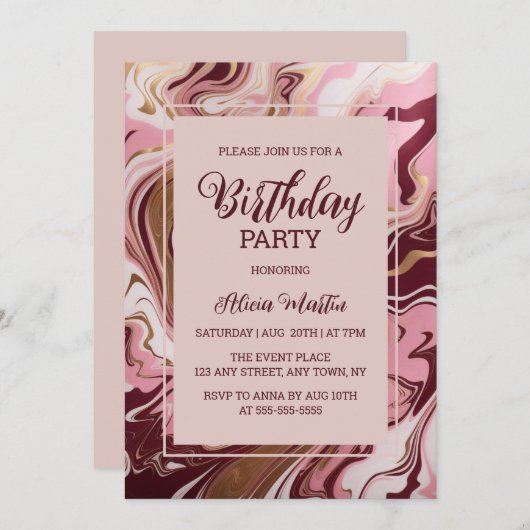 金ゴールドブルゴーニュ大理石フルードピンク誕生日パーティー 招待状 (正面/裏面)