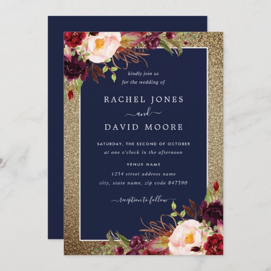 金ゴールドブルゴーニュ海軍フローラ水の色結婚の 招待状 (正面/裏面)