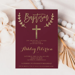 金ゴールドブルゴーニュ赤エレガントタイポグラフィ洗礼 招待状