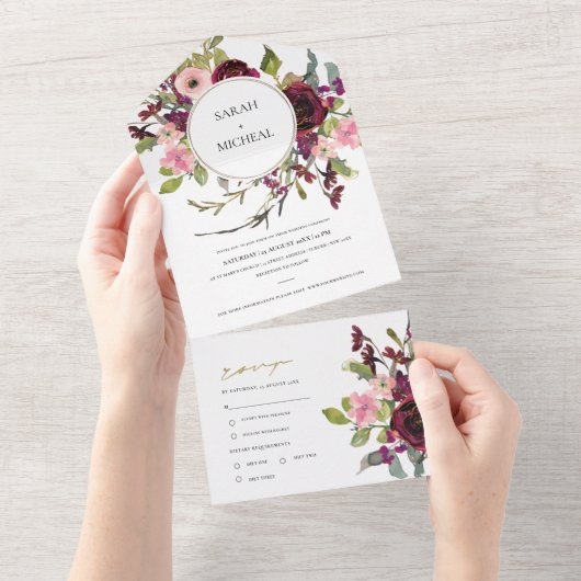 金ゴールドブルゴーニュ赤面バラフローラ水彩結婚色 オールインワン招待状 (貼ってはがせる)