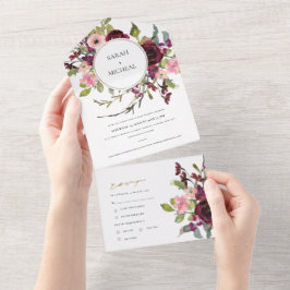 金ゴールドブルゴーニュ赤面バラフローラ水彩結婚色 オールインワン招待状