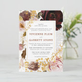 金ゴールドブルゴーニュ赤面ピンクフローラ結婚式招待状 招待状 (スタンド正面)