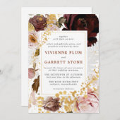 金ゴールドブルゴーニュ赤面ピンクフローラ結婚式招待状 招待状 (正面/裏面)