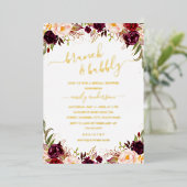 金ゴールドブルゴーニュ赤面フローラブライダルシャワー 箔招待状 (立ち正面)