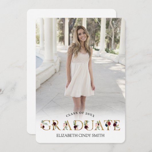 金ゴールドブルゴーニュ赤面フローラレター卒業写真 招待状 (正面/裏面)