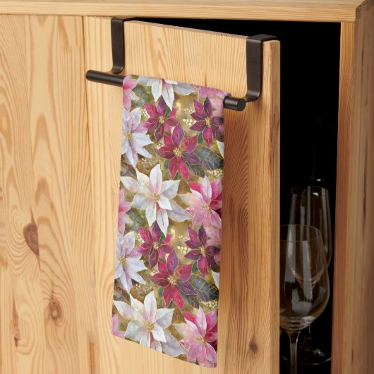 金ゴールドブルゴーニュ青銅ピンクレッドポインセチア キッチンタオル (三つ折り)