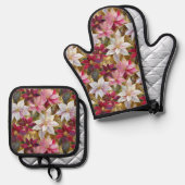 金ゴールドブルゴーニュ青銅ピンクレッドポインセチア 鍋つかみ&鍋敷きセット (正面/裏面)