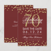 金ゴールドブルゴーニュ70誕生日救日付紙吹雪 セーブザデート (正面/裏面)