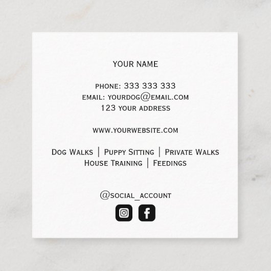 金ゴールドブルマスティフドッグウォーカートレーナーパピーシッター スクエア名刺 (裏面)