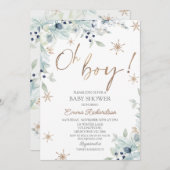 金ゴールドブルーああ男の子リトルスノーフレーク赤ちゃんシャワー 招待状 (正面/裏面)