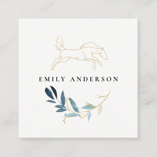 金ゴールドブルーの葉の馬の水のカラープロフェッショナル スクエア名刺 (正面)