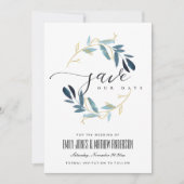 金ゴールドブルーの葉水色リース保存日 招待状 (正面)