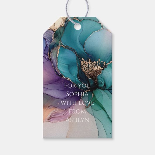 金ゴールドブルーアクアパープルフラワーブライダルシャワー ギフトタグ (正面)