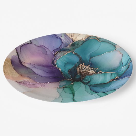 金ゴールドブルーアクアパープルフラワーブライダルシャワー ペーパープレート (アングル)