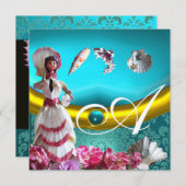 金ゴールドブルーアクアマリンダマスクビーチ結婚式モノグラム 招待状 (正面/裏面)