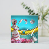 金ゴールドブルーアクアマリンダマスクビーチ結婚式モノグラム 招待状 (スタンド正面)