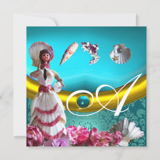 金ゴールドブルーアクアマリンダマスクビーチ結婚式モノグラム 招待状 (正面)