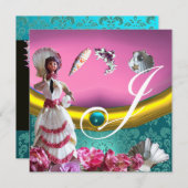 金ゴールドブルーアクアマリンダマスクビーチ結婚式モノグラム 招待状 (正面/裏面)