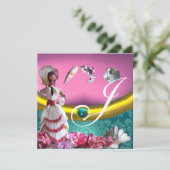 金ゴールドブルーアクアマリンダマスクビーチ結婚式モノグラム 招待状 (スタンド正面)