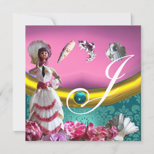 金ゴールドブルーアクアマリンダマスクビーチ結婚式モノグラム 招待状 (正面)