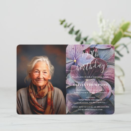 金ゴールドブルーアジサイ100誕生日写真 招待状 (スタンド正面)