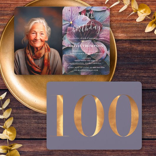 金ゴールドブルーアジサイ100誕生日写真 招待状
