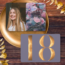 金ゴールドブルーアジサイ18誕生日写真 招待状