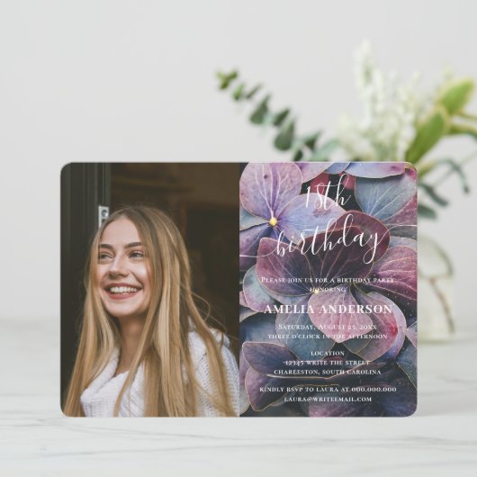 金ゴールドブルーアジサイ18誕生日写真 招待状 (スタンド正面)