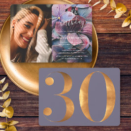 金ゴールドブルーアジサイ30歳の誕生日の写真 招待状