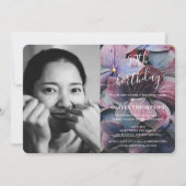 金ゴールドブルーアジサイ50誕生日写真 招待状 (正面)