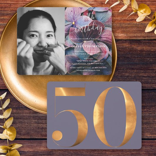 金ゴールドブルーアジサイ50誕生日写真 招待状