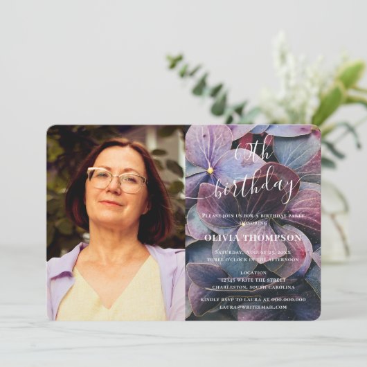 金ゴールドブルーアジサイ60誕生日写真 招待状 (スタンド正面)