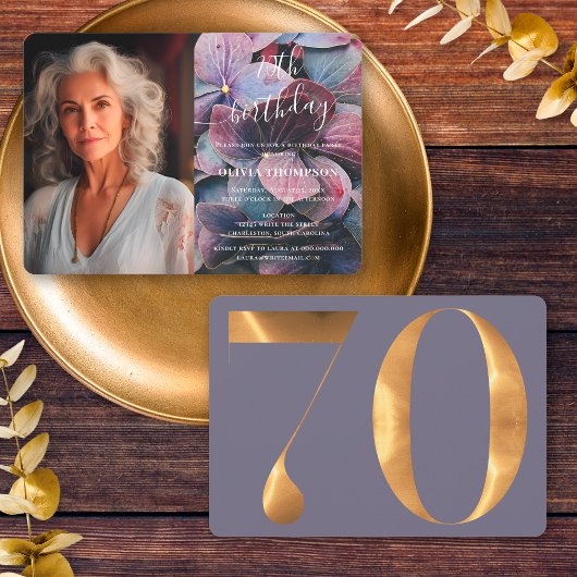 金ゴールドブルーアジサイ70誕生日写真 招待状