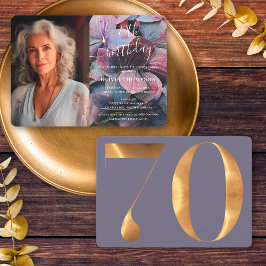 金ゴールドブルーアジサイ70誕生日写真 招待状