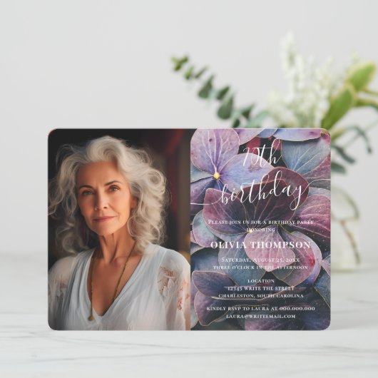 金ゴールドブルーアジサイ70誕生日写真 招待状 (スタンド正面)