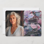 金ゴールドブルーアジサイ70誕生日写真 招待状 (正面)