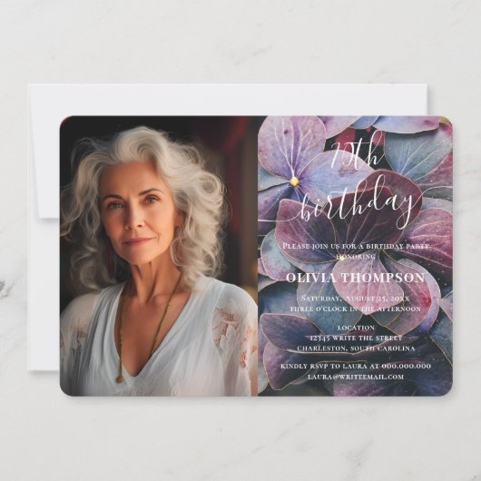 金ゴールドブルーアジサイ70誕生日写真 招待状 (正面)