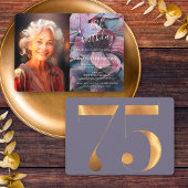 金ゴールドブルーアジサイ75誕生日写真 招待状