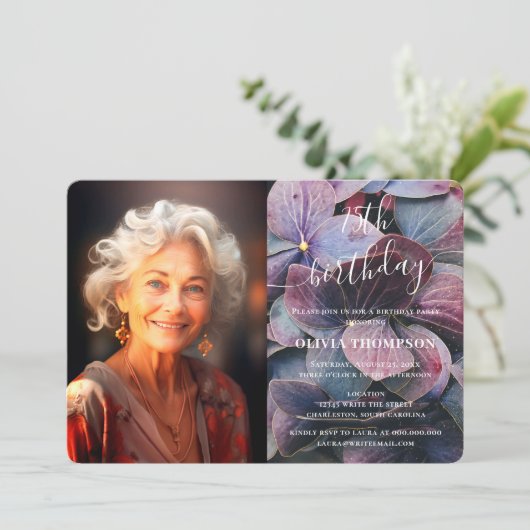 金ゴールドブルーアジサイ75誕生日写真 招待状 (スタンド正面)