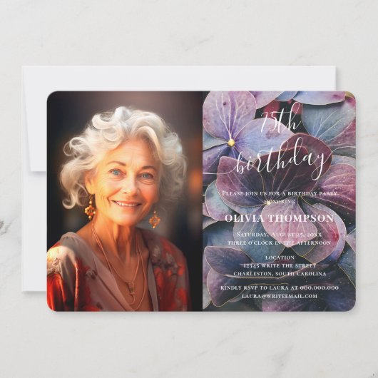 金ゴールドブルーアジサイ75誕生日写真 招待状 (正面)